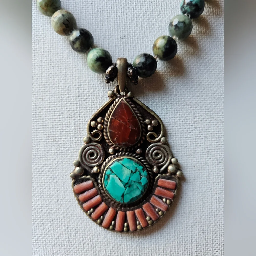 Artisan Turquoise,Carnelian,and Coral Silver Statement Necklace - Picture 1 of 6